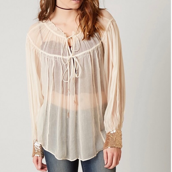 Free People Tops - NEW Free People Dream Gold Sequin Cuff Blouse